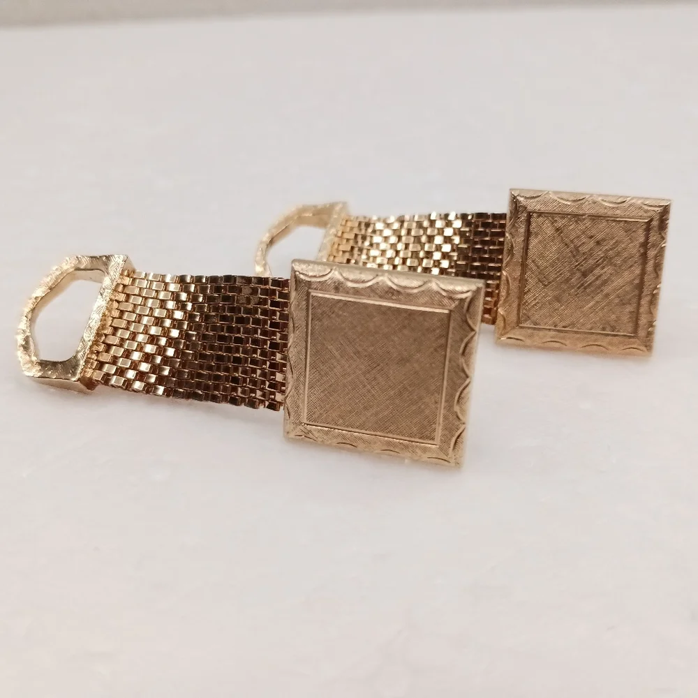 Vintage Textured Square Gold Tone Mesh Wrap Around Cufflinks Can Be Monogramed